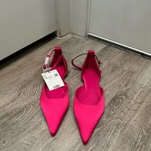 Mango hot pink satin flats with crystal ankle strap, size 7/38